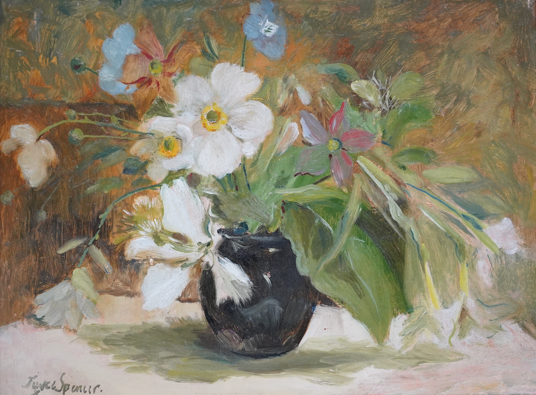 Joyce Spencer (b.1923), oil on board, Still life of flowers in a vase, c.1950, signed, inscribed label verso, 28 x 37cm